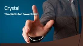  Presentation with doll button eyed - Slide deck consisting of finger touching - young businessman pressing imaginary button background and a ocean colored foreground