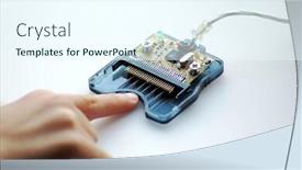  Presentation with circuit board - Beautiful presentation theme featuring finger touching circuit board metaphor of connectivity through technology backdrop and a cool aqua colored foreground