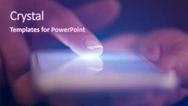  Presentation with hand touching finger digital - Audience pleasing PPT layouts consisting of finger touching phone with dark backdrop and a violet colored foreground