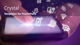  Presentation with hologram - Colorful PPT theme enhanced with finger touching phone with hologram application icons and dark background backdrop and a navy blue colored foreground