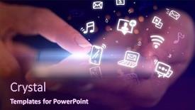  Presentation with hologram - Presentation theme consisting of finger touching phone with hologram application icons and dark background background and a wine colored foreground