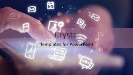  Presentation with hologram - Amazing presentation theme having finger touching phone with hologram application icons and dark background backdrop and a coral colored foreground