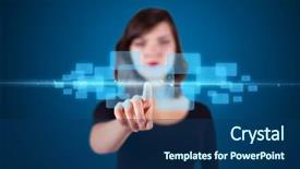  Presentation with modern tech - Theme enhanced with finger touching screen - businesswoman pressing high tech type background and a ocean colored foreground