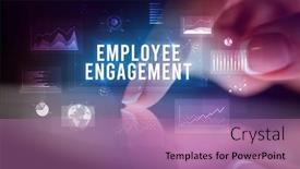  Presentation with employee engagement - Slide deck enhanced with finger touching tablet with charts and employee engagement inscription business concept background and a coral colored foreground