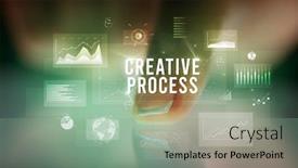  Presentation with business process - Amazing presentation design having finger touching tablet with charts and creative process inscription business concept backdrop and a seafoam green colored foreground