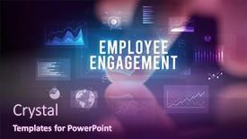  Presentation with employee engagement - Beautiful presentation featuring finger-touching-tablet-with-charts backdrop and a violet colored foreground