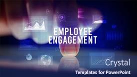  Presentation with employee engagement - Audience pleasing PPT theme consisting of finger-touching-tablet-with-charts backdrop and a ocean colored foreground