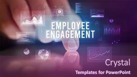  Presentation with employee engagement - Cool new PPT theme with finger-touching-tablet-with-charts backdrop and a violet colored foreground