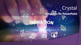  Presentation with donation - Slide set having finger touching tablet with drawn social media icons and donation inscription social networking concept background and a navy blue colored foreground