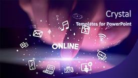  Presentation with social media - Cool new PPT theme with finger-touching-tablet-with-drawn backdrop and a navy blue colored foreground