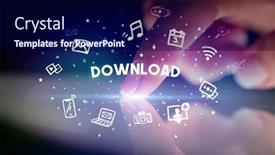  Presentation with download - Cool new slide deck with finger-touching-tablet-with-drawn backdrop and a navy blue colored foreground