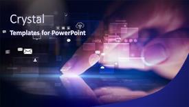  Presentation with database - Presentation theme enhanced with touching tablet with global database background and a navy blue colored foreground