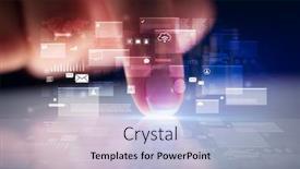  Presentation with database - Colorful slides enhanced with finger touching tablet with global database concept and dark background backdrop and a light blue colored foreground