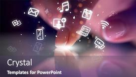  Presentation with hologram - Presentation theme enhanced with finger touching tablet with hologram application icons and dark background background and a tawny brown colored foreground