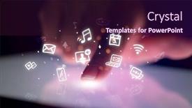  Presentation with hologram - Presentation theme enhanced with finger touching tablet with hologram application icons and dark background background and a wine colored foreground