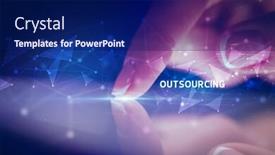  Presentation with business outsourcing - Amazing PPT theme having finger touching tablet with outsourcing inscription business concept backdrop and a navy blue colored foreground