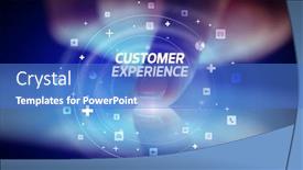  Presentation with experience - Amazing presentation design having finger touching tablet with social media icons and customer experience backdrop and a teal colored foreground