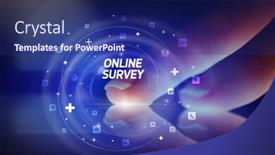  Presentation with online survey - Colorful presentation design enhanced with finger touching tablet with social media icons and online survey backdrop and a navy blue colored foreground