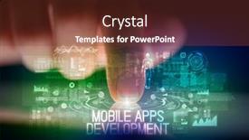  Presentation with development web - Audience pleasing PPT theme consisting of finger touching tablet with web technology icons and mobile apps development inscription backdrop and a tawny brown colored foreground