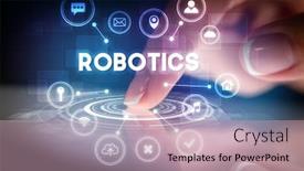  Presentation with web technology - Beautiful PPT theme featuring finger touching tablet with web technology icons and robotics inscription web technology concept backdrop and a coral colored foreground