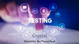  Presentation with web technology - PPT theme having finger touching tablet with web technology icons and testing inscription web technology concept background and a light blue colored foreground