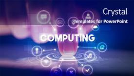  Presentation with web technology - Cool new slide deck with finger touching tablet with web technology icons and computing inscription web technology concept backdrop and a navy blue colored foreground