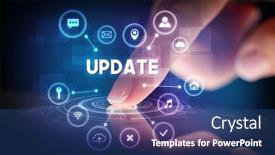  Presentation with web technology - Presentation design with finger touching tablet with web technology icons and update inscription web technology concept background and a ocean colored foreground