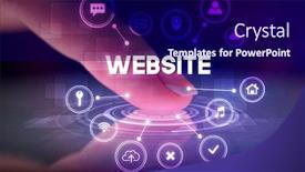  Presentation with web technology - Colorful PPT layouts enhanced with finger-touching-tablet-with-web backdrop and a navy blue colored foreground