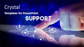  Presentation with web technology - Audience pleasing presentation design consisting of finger-touching-tablet-with-web backdrop and a navy blue colored foreground