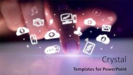  Presentation with finger - Presentation design enhanced with finger touching tablet with white drawn application icons and dark background background and a light blue colored foreground