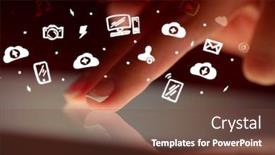  Presentation with finger - Presentation with finger touching tablet with white drawn application icons and dark background background and a tawny brown colored foreground