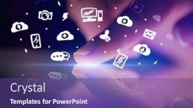  Presentation with application - PPT theme with finger touching tablet with white drawn application icons and dark background background and a violet colored foreground