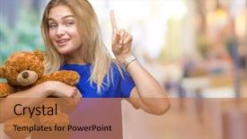  Presentation with sitting teddy bear isolated - Presentation design enhanced with finger with happy face number background and a  colored foreground