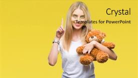  Presentation with blonde holding magnifying glass - Audience pleasing slide deck consisting of finger with happy face number backdrop and a yellow colored foreground