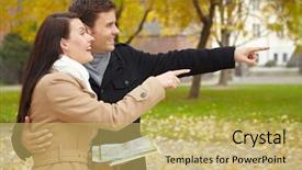  Presentation with navigating - Slide set having fingerpost - happy couple on vacation navigating background and a  colored foreground