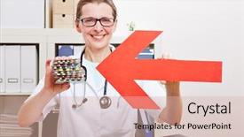  Presentation with red medical - Presentation featuring fingerpost - happy female doctor pointing red background and a lemonade colored foreground