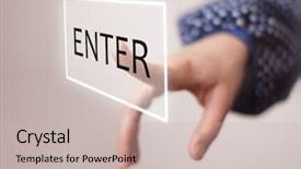  Presentation with finger - PPT theme featuring fingerprint security - woman finger push enter button background and a soft green colored foreground