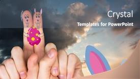  Presentation with blue orange - Colorful presentation design enhanced with fingers as easter bunny against blue and orange sky with clouds backdrop and a ocean colored foreground