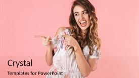  Presentation with pop art pink hair - Colorful PPT layouts enhanced with fingers aside isolated over pink backdrop and a coral colored foreground