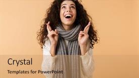  Presentation with good luck - Theme with woman wearing winter scarf standing background and a coral colored foreground