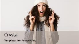  Presentation with good luck - Theme having ailing - cheerful young woman wearing winter background and a light gray colored foreground