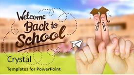  Presentation with college students - Beautiful PPT theme featuring fingers posed as students against students using laptop in lawn against college building backdrop and a yellow colored foreground