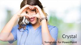  Presentation with medical smiling doctor - Presentation design with fingers smiling looking through sign background and a light blue colored foreground