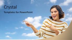  Presentation with young happy people smiling - Beautiful presentation theme featuring fingers to something over blue backdrop and a teal colored foreground