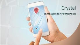  Presentation with map - Presentation having fingers touching smartphone with map background and a sky blue colored foreground