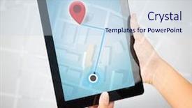  Presentation with map - Audience pleasing theme consisting of fingers touching tablet with map backdrop and a sky blue colored foreground