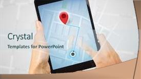  Presentation with hand touching finger digital - PPT theme consisting of fingers touching tablet with map background and a sky blue colored foreground