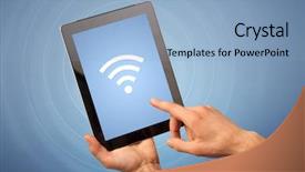  Presentation with wireless - PPT theme consisting of fingers touching tablet with wireless background and a light blue colored foreground