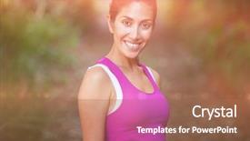  Presentation with park - Cool new slide deck with finish line group run - portrait of smiling fit woman backdrop and a coral colored foreground