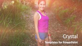  Presentation with field - Colorful slide set enhanced with finish line group run - smiling fit woman standing backdrop and a  colored foreground